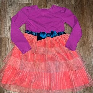 Hannah Anderson Purple and Pinkish/Orange Long Sleeve Dress with Blue Bow